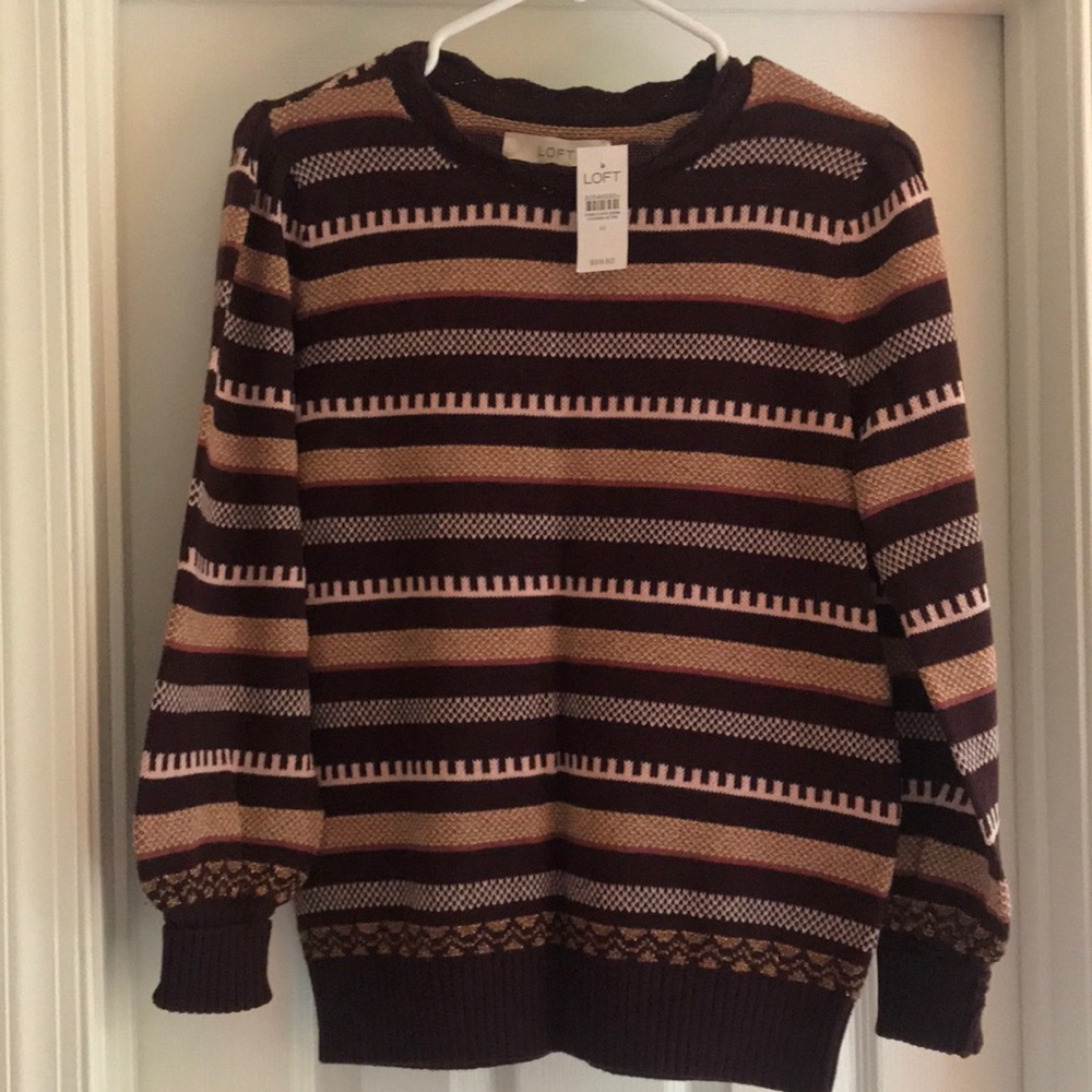 Loft Maroon, gold and pink striped sweater. Size M. New with tags